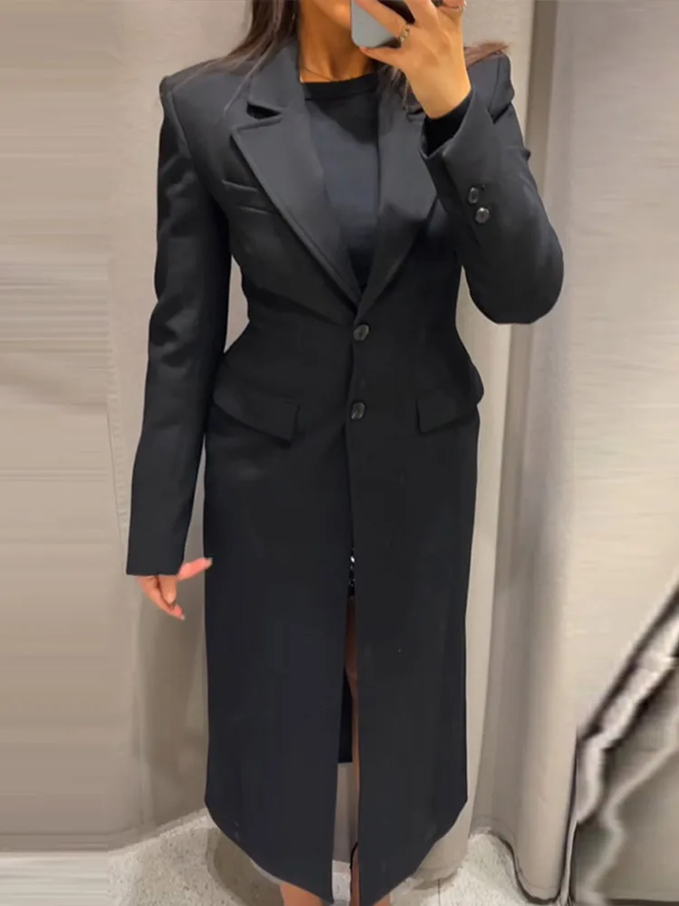 Sophisticated Women's Black Long Blazer Coat with Shoulder Pads