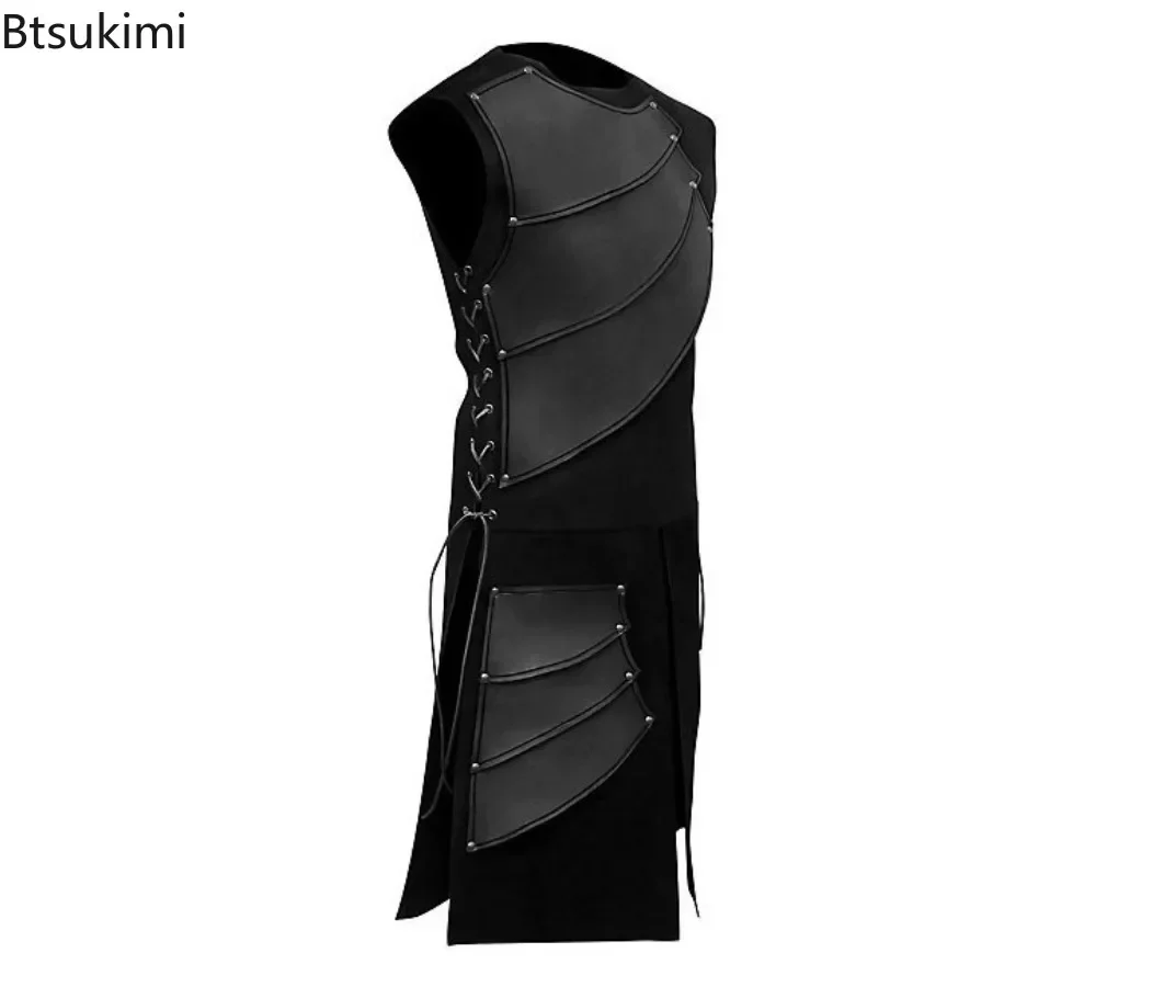 Top senza maniche in pelle da uomo Carnevale medievale rinascimentale Costume cosplay di Halloween Lacci laterali da uomo Abbigliamento per spettacoli teatrali - immagine 4