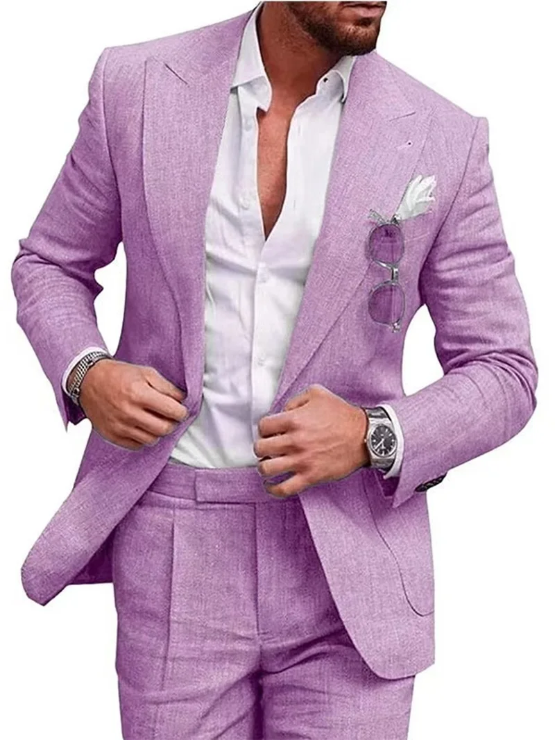 Men's Linen Set 2-Piece Slim Fit Suit Summer Beach Wedding Set One Button Tuxedo Linen Suit Jacket And Pants