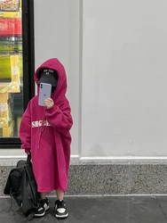 2-12 Years Kids Toddler Long Hoodie Dress for Girls Full Sleeve Letter Sweatshirts Outfits Infant Baby Velvet Warm Hooded Dress