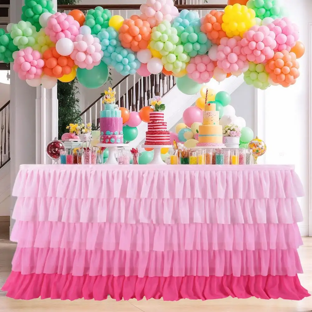 Wrinkle-resistant Table Skirt Multi-layer Ruffle Table Skirt for Rectangle Round Tables Reusable Gradient Rainbow Color Beach