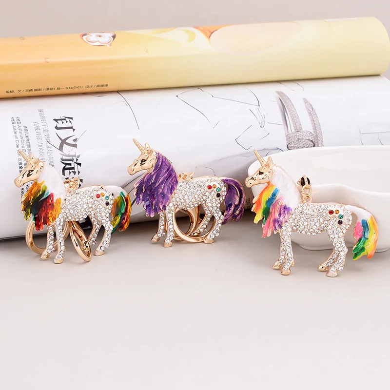 Cute Rhinestone Crystal Colourful Horn Horse Keychain Animal Key Chain Key Ring Holder Bag Pendant Keyring