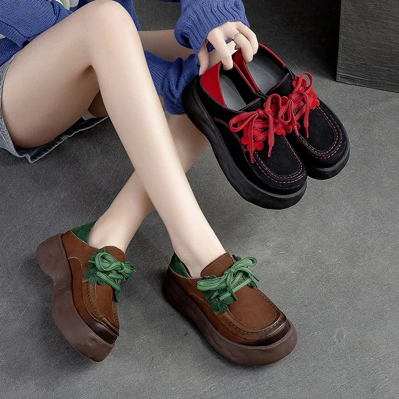 

Birkuir Genuine Leather Flat Platform Women Shoes Lace Up Flats Thick Heel Luxury Elegant Leisure Ladies Casual Shoes Original