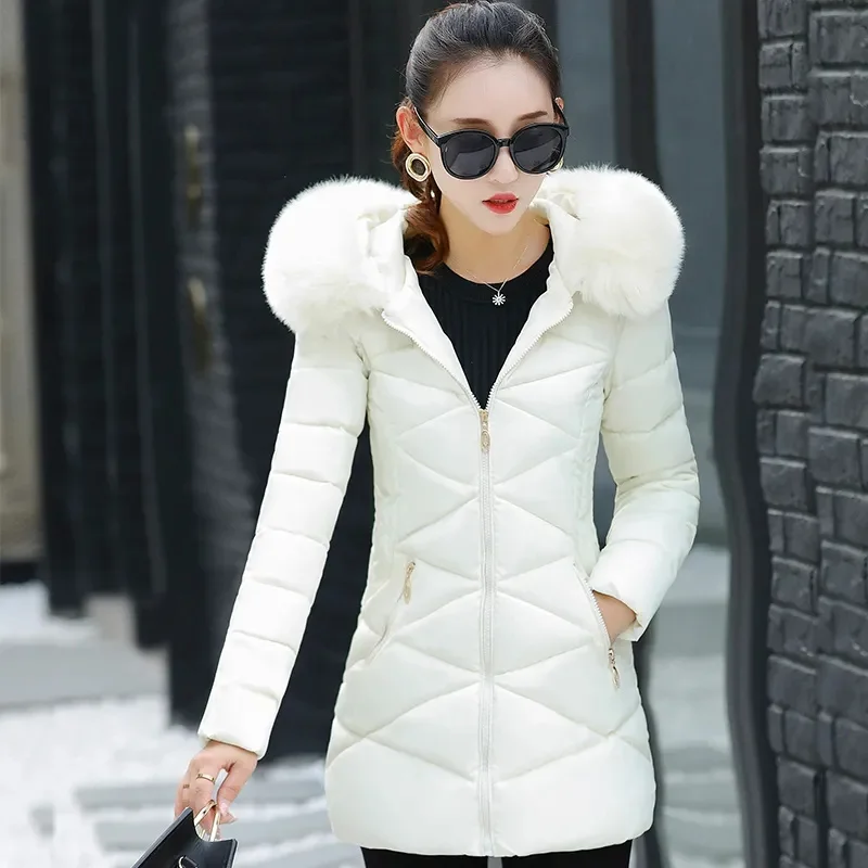 2023 Pink Black Blue Winter Coat Women Parkas Hooded Fur Collar Slim Overcoat Cotton-padded Clothes Female Thicken Warm Coats