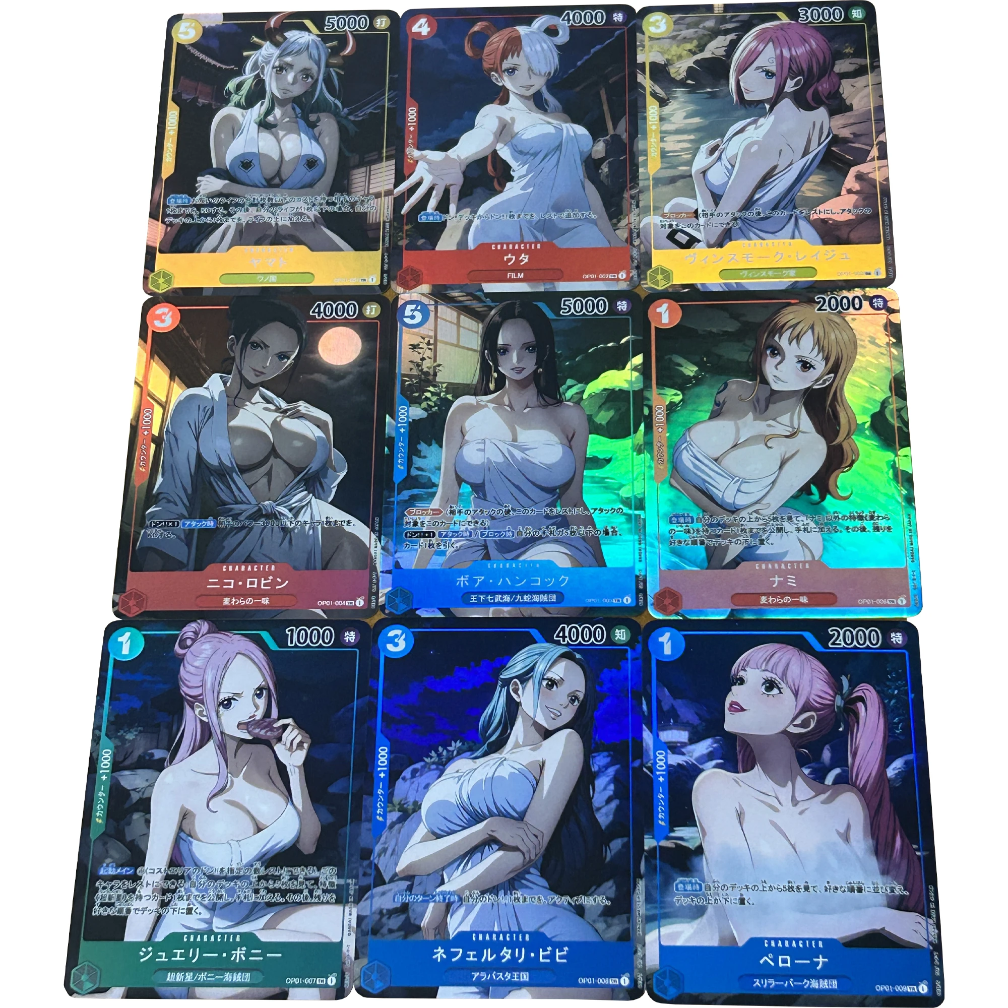 

9Pcs/set Diy Self Made ONE PIECE Flash Cards Nami Yamato Hancock Uta Reiju Bath Towel Series Gift Toy Game Anime Collection Card