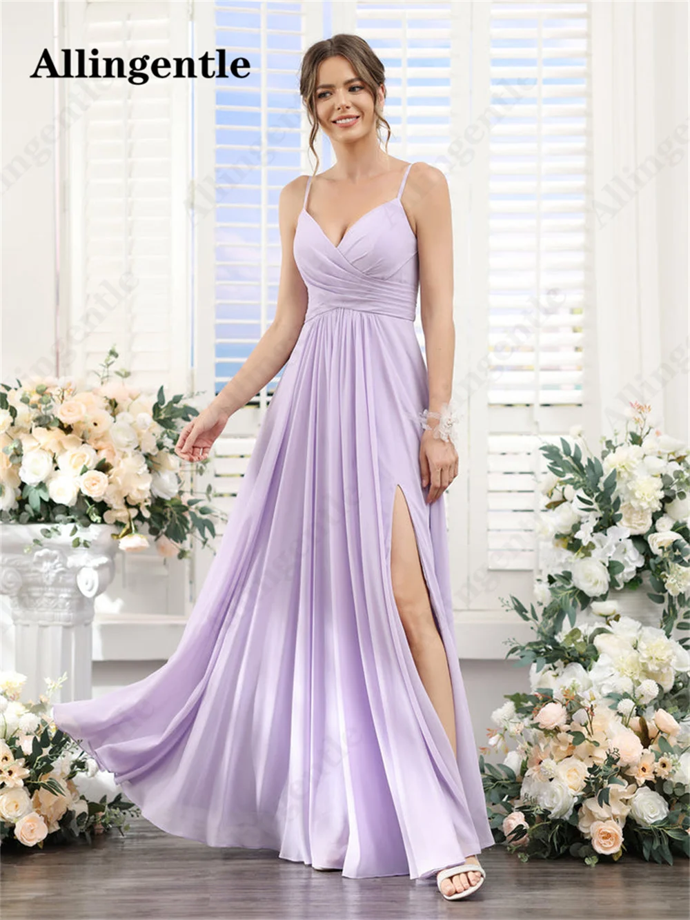 Allingentle Lilac V-Neck Bridesmaid Dress A-Line Spaghetti-straps Pleated Chiffon Floor Length Side Slit Maxi Dress with Pocket
