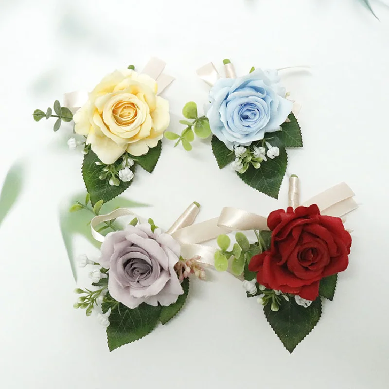 

Boutonniere And Wrist Corsage Wedding Supplies Banquet Guests Simulated Flowers Groom Bride Rose Multi Color Series 385