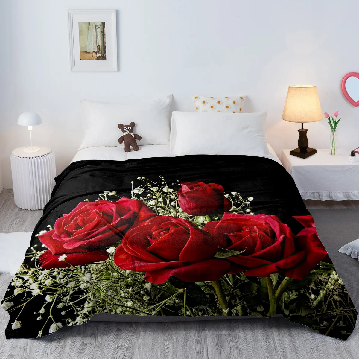 3d Print Blanket Babysbreath and Roses in Black Ground Throw Blanket Green and Red Floral Soft Fleece Blanket for Couch Bed 3