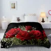 3d Print Blanket Babysbreath and Roses in Black Ground Throw Blanket Green and Red Floral Soft Fleece Blanket for Couch Bed 3