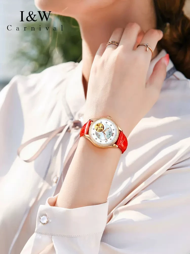 CARNIVAL Brand IW High-End Series MIYOTA Mechanical Watch for Women Leather Skeleton Sapphire Ladies Wriswatch Gift For Female