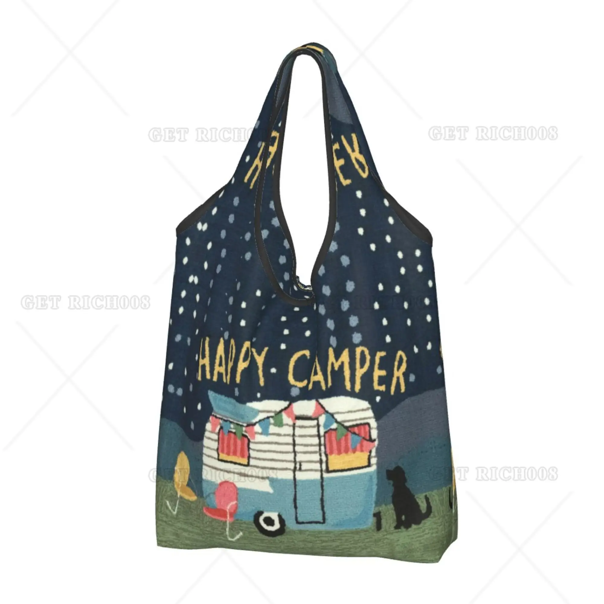 

Crayon Drawing Print Dog Happy Camper Shopping Bag Portable Women Tote Handbag Reusable Grocery No Zipper for Shoppers