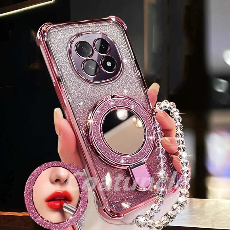 Glitter Plating Mirror Phone Case with Magnetic Holder and Bracelet Cover