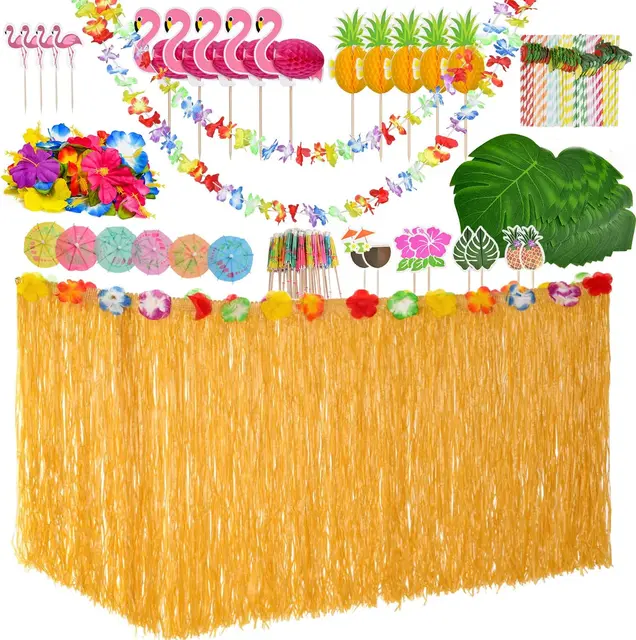 하와이안 열대 파라다이스를 위한 최고의 루아우 테이블 스커트 장식 세트