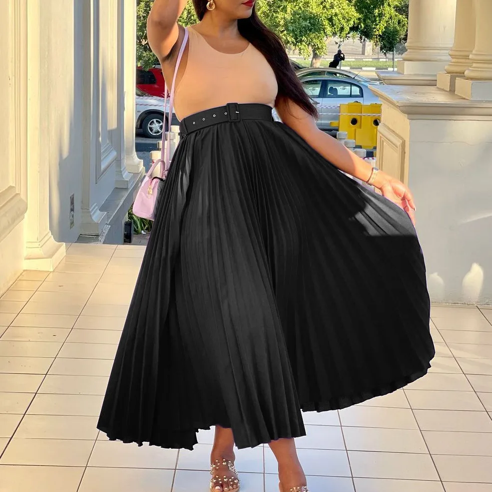 Office Lady Pleated Skirt with Belt 3XL Autumn Office Lady Elegant Long Skirts Solid Ruched Matching Outfits Female Bottoms 2023