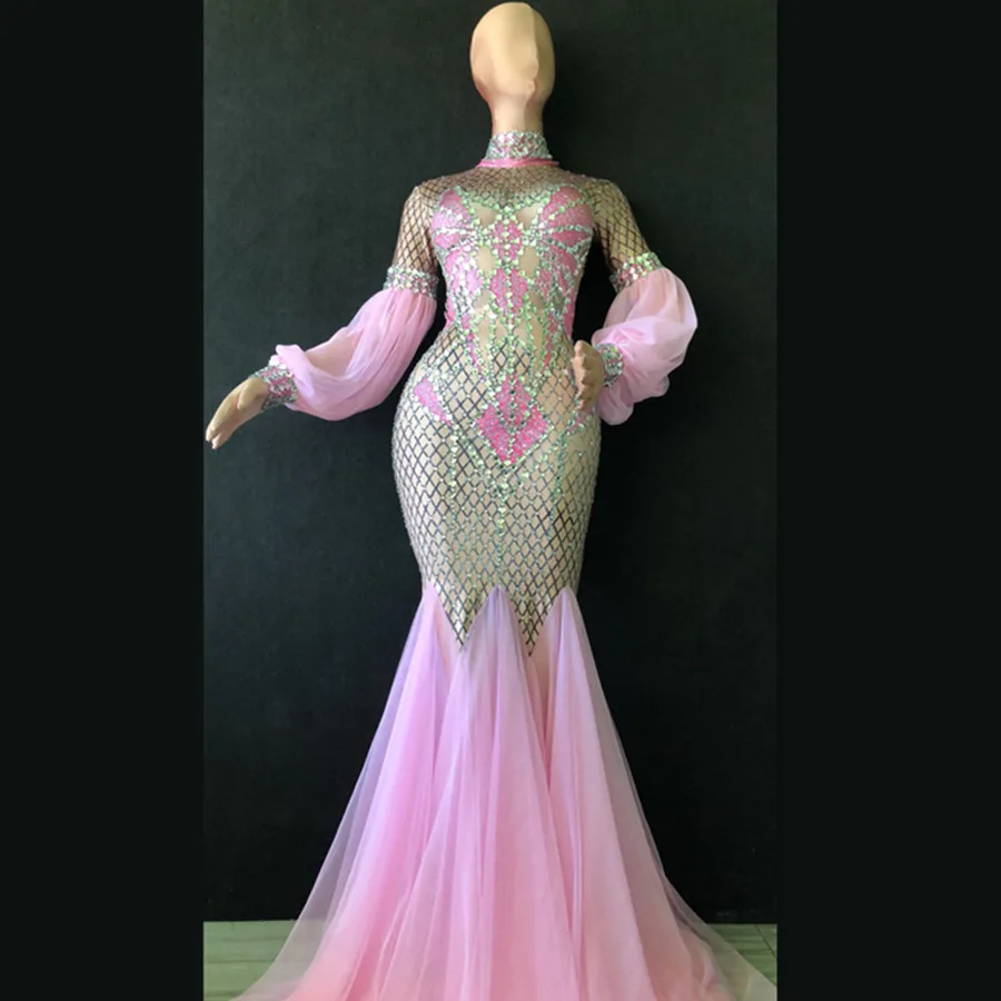 

pink rhinestone dress day and night party outfits birthday evening prom Cocktail Elegant luxury Trailing Floor Length dresses