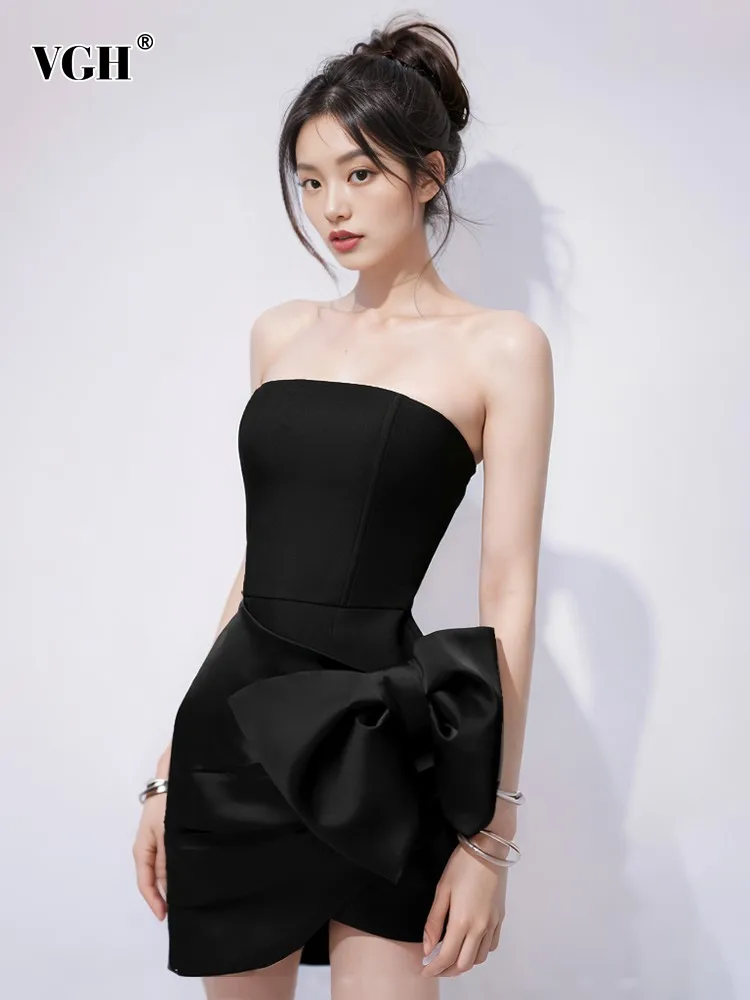 

VGH Solid Patchwork Bowknot Slimming Dress For Women Strapless Sleeveless Backless High Waist Temperament Mini Dresses Female