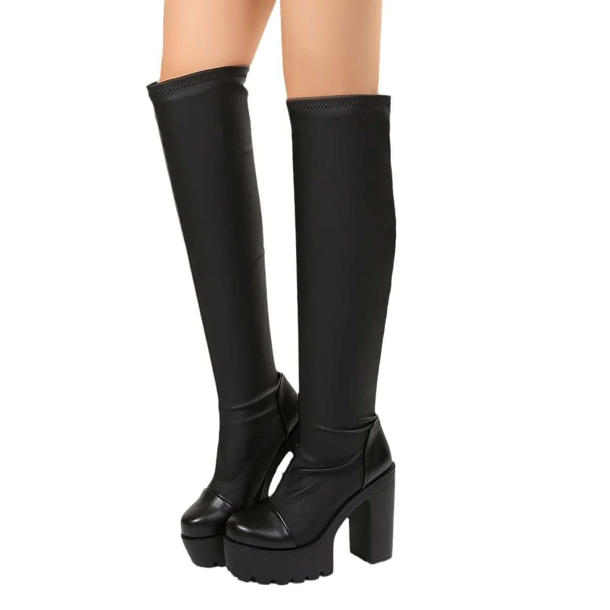 2025 Women's Stretch Over-the-Knee Boots Chunky Heel Gothic Color-Block Thigh High Boots for Plus Size Spring/Fall Casual Wear