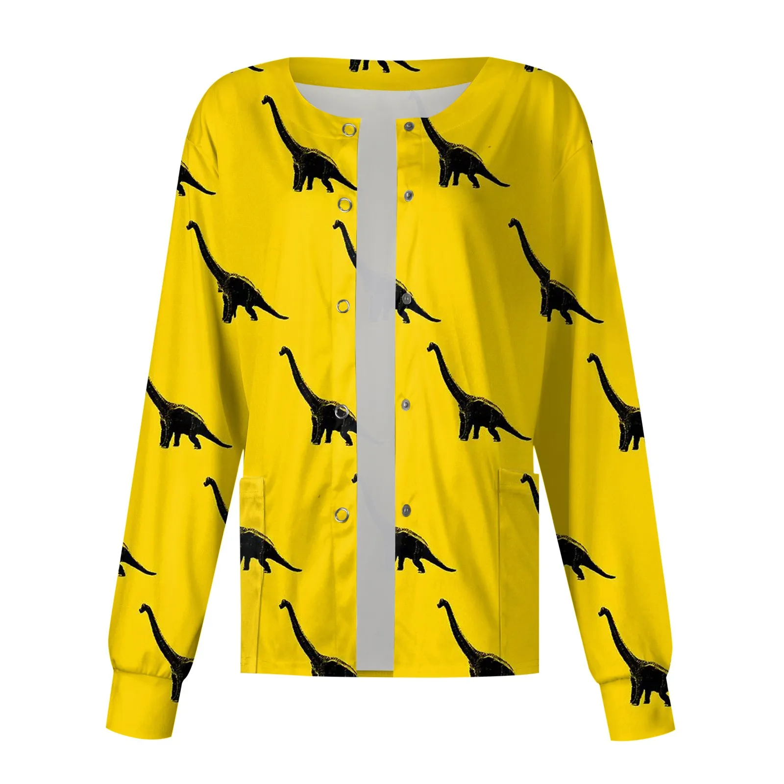 thumbnail image 1 of Chaqueta de uniforme de enfermera de spa con puntadas de primavera y otoño, con estampado de dinosaurio bonito, chaqueta de manga larga para mujer, uniforme de enfermera para clínica, 1 of 5