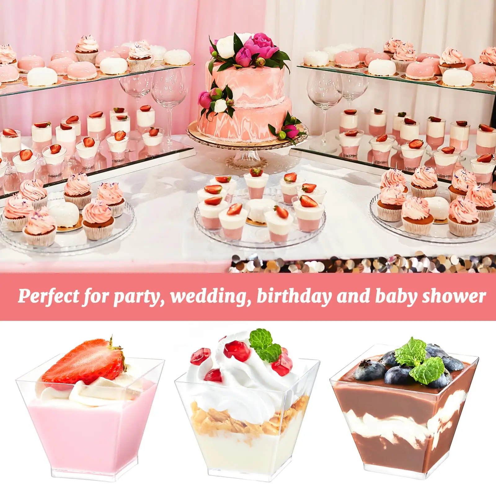 50Pcs Square Mini Plastic Dessert Cups with spoons 2oz Clear Desserts Appetizers Ice Cream Plastic Parfait Appetizer Cups