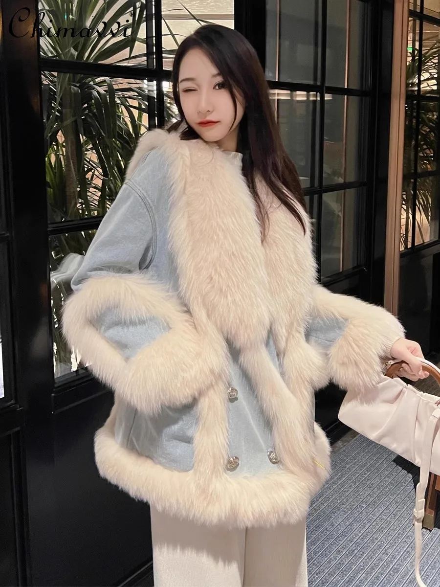 

Fashion Denim Stitching Imitation Fox Fur Jacket Women's 2023 Winter Clothes New High-End Loose Long Sleeve Warm Coats Tops