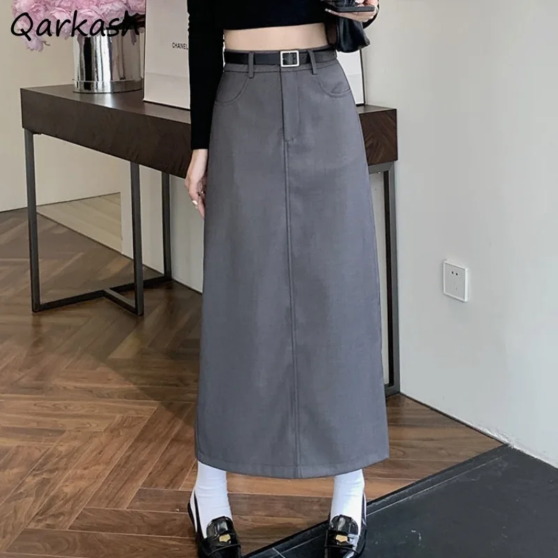 

Skirts Women Fall Newly Fashion Leisure Kpop Simple Solid All-match High Waist Slim A-line Chic Behind-slit Street Vintage Ins