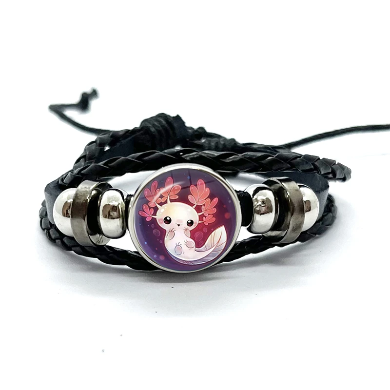 Axolotl  Leather Bracelet Glass Dome Multilayer Braided Bracelets Bangles Handmade Jewelry Gifts 4