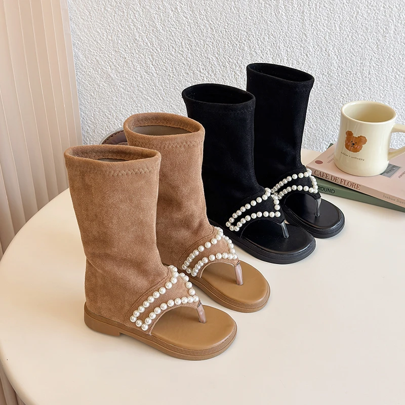 여자 로마 샌들 클립 발가락 부드러운 솔리드 컬러 하이 탑 부츠 간단한 구슬 2..