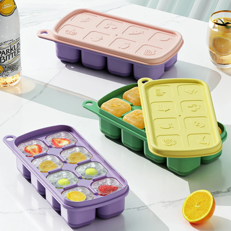 Kitchen Silicone Ice Cube Molds Reusable Ice Grid Tray DIY Whiskey Beverage Square Mold with Lid Food Grade Cube Box