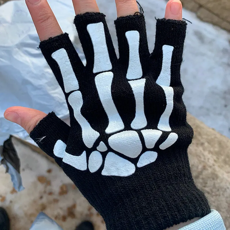 New Punk Gloves Unisex Halloween Skeleton Skull Half Finger Gloves