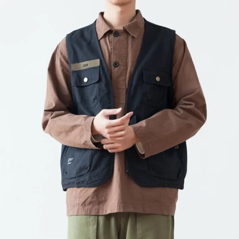 Mens Harajuku Style Vest Jacket Solid Color Loose Casual Multi-pocket Sleeveless Vest Fishing Hunting Photography Work Waistcoat