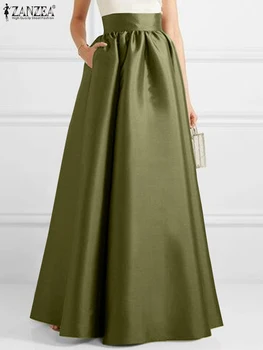 ZANZEA Women Autumn Satin Skirt New A-line Floor Length Solid Color High Waist Dress Elegant Vintage Casual Oversized Long Robe 1
