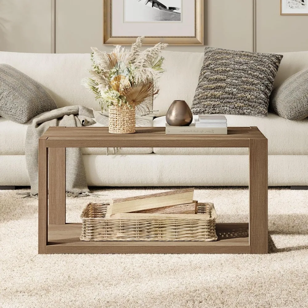 Farmhouse Rectangle Coffee Table-Boho Center Table with Storage Shelf,2-Tier Sofa Side Table Mid Century Small Table 3