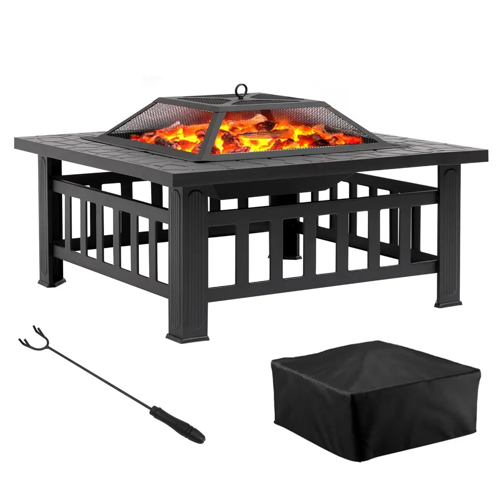 

Fire Pit 32inches Square Metal Wood Burning Firepit with Spark Screen Lid and Rain Cover Simple Assembly for Outdoor Use