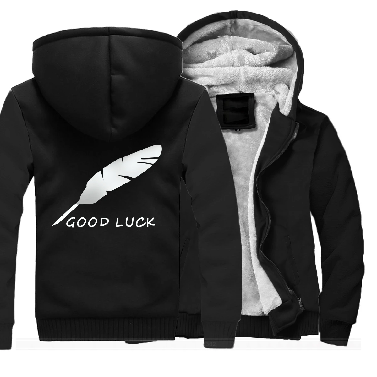 

New Hot sale Thicken hoodies Men's Good Luck letter Winter Warm Streetwear Tops Printed Feathers Jacket Coat Plus Size 5XL