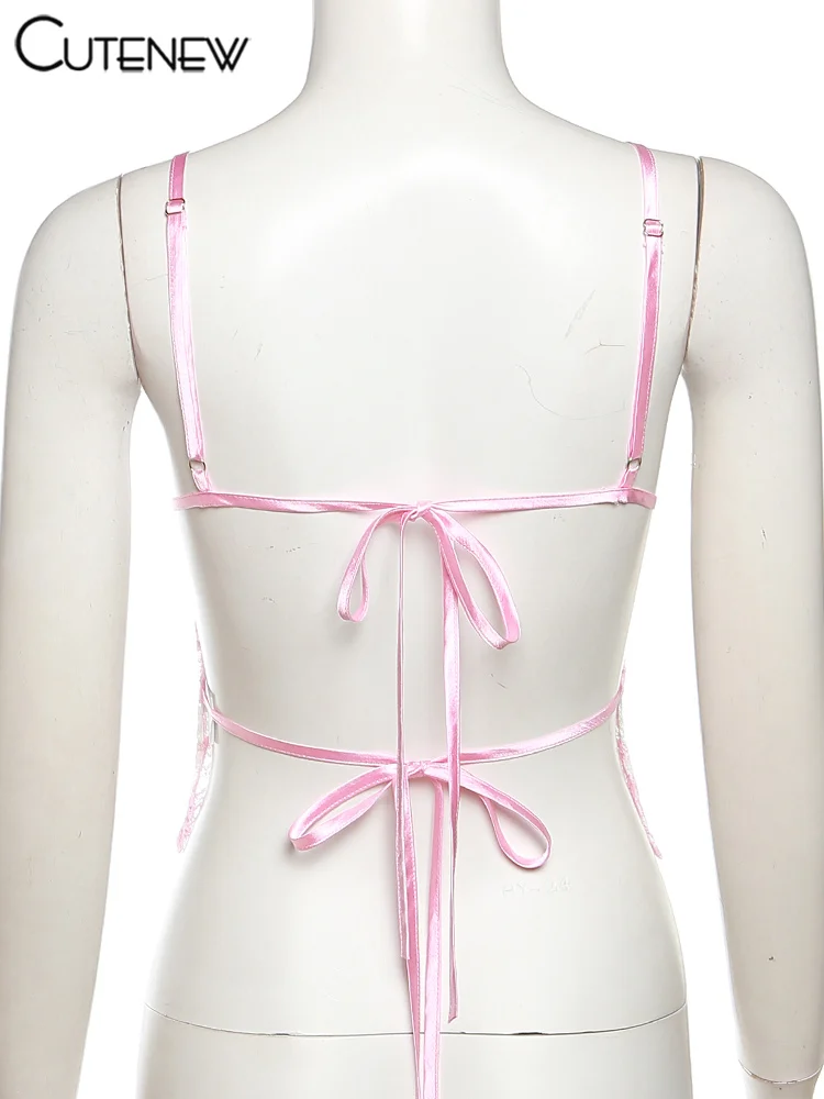 Pink Sweet Suspender Sexy Patchwork Tank Top Women Summer Camisole Sleeveless Slim Lace Vest Casual Lady Streetwear New