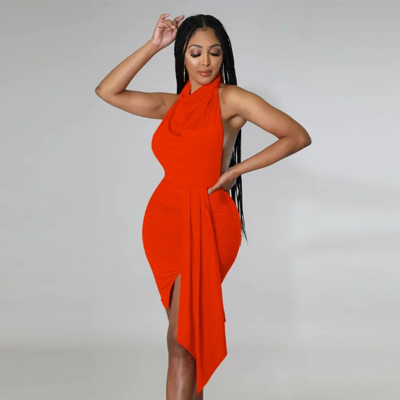 

WUHE Halter Neck Backless Streamer Side Asymmetrical Ruched Sleeveless Bodycon Women Dress Summer Evening Sexy Party Dresses