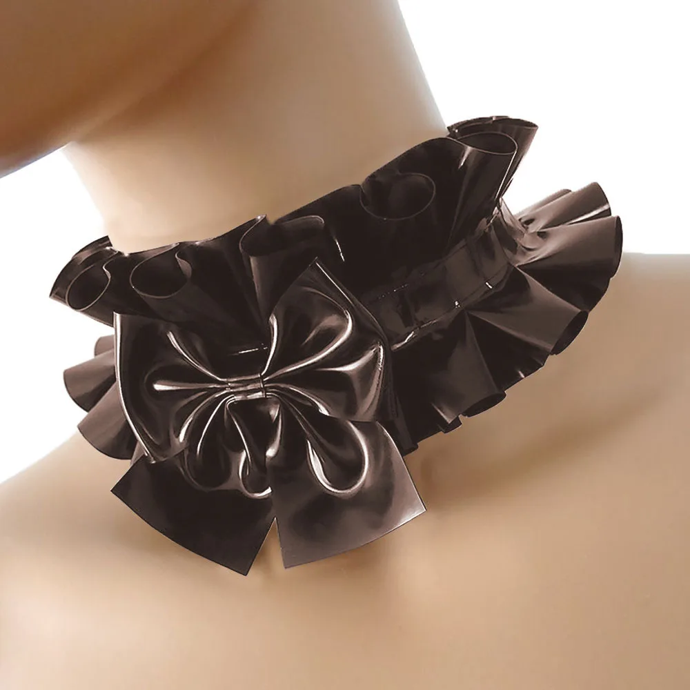 Wet PVC Leather Swwet Lolita Neck Choker Exotic Ruffled Bow Maid Collar Sissy Party Cosplay Cross Dresser Uniform Accessories