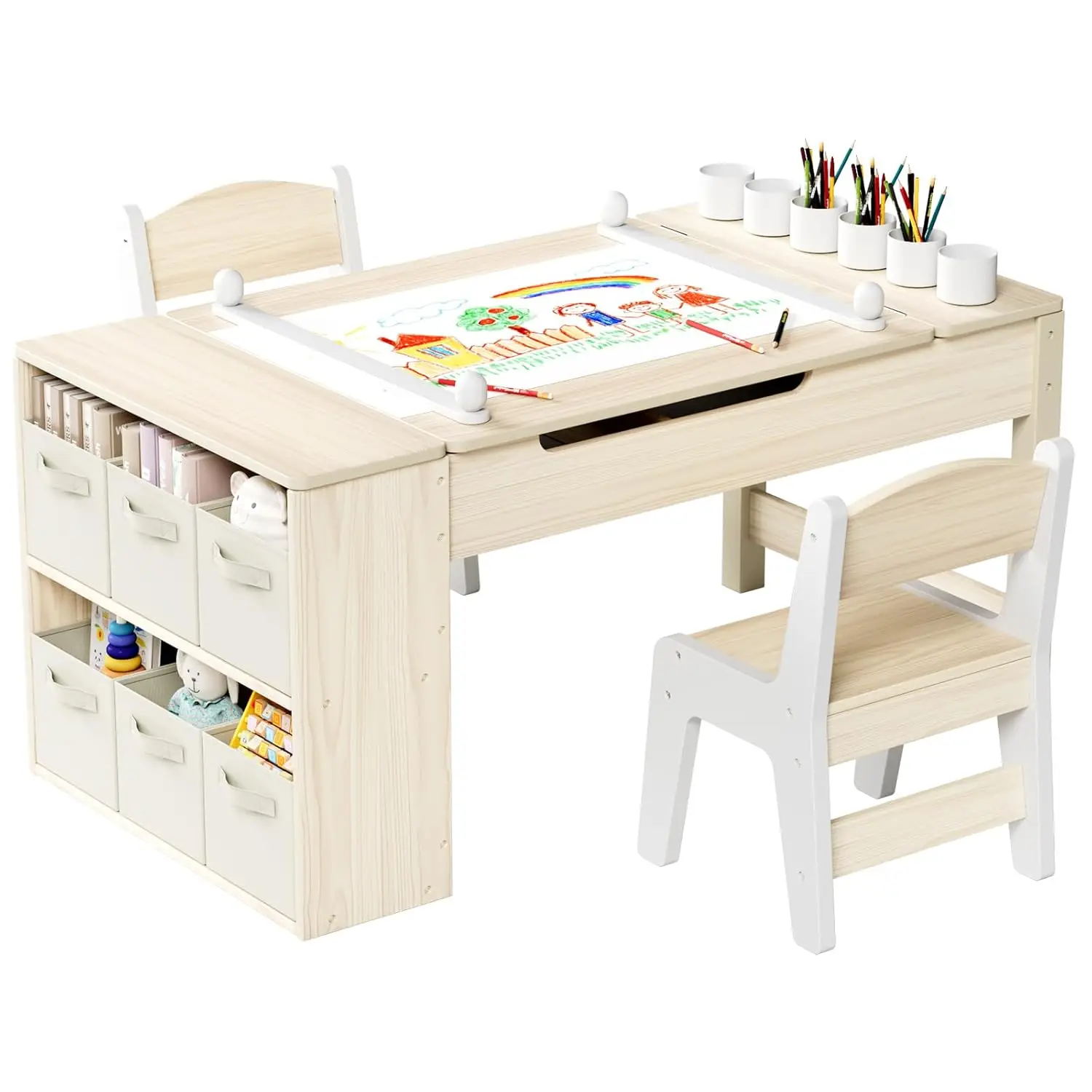 3 in 1 Kids Art Table and Chair Set, Toddler Wooden Activity/Craft Table, Large Size Desk with 2 Chairs and Art, Customized