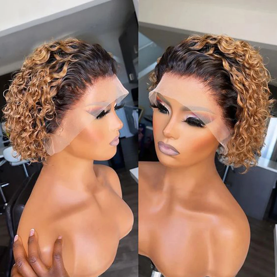 Pixie Cut Wig Short Bob Curly Human Hair Wigs perruque bresillienne Cheap 13X1 Transparent Lace Wig Water Deep Wave Human Hair