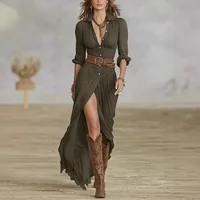Robe Sexy pour femmes, rétro français, col en v, taille plissée, fente ample, tempérament, manches longues, nouvelle collection 5