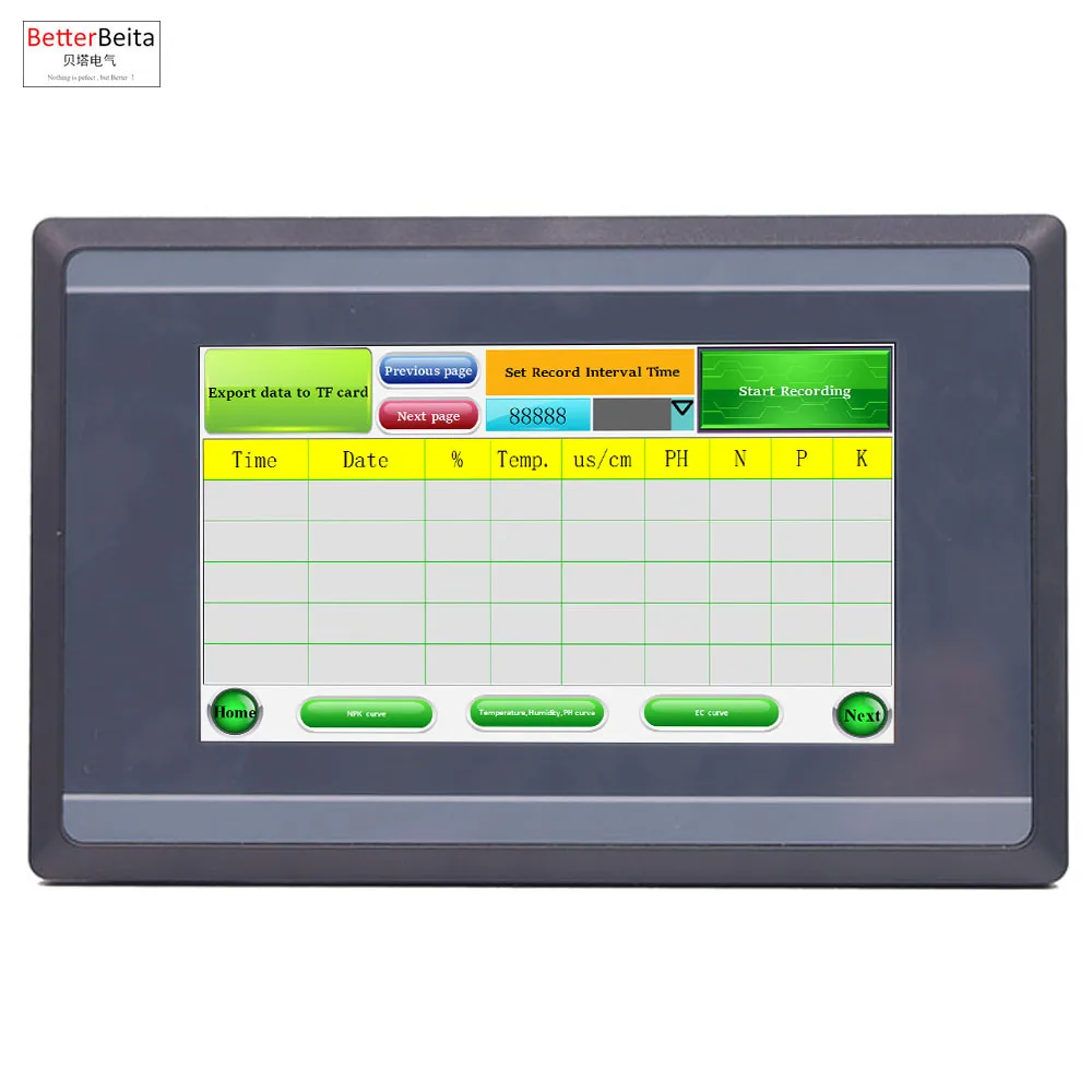 Measuring and Logging Soil Moisture Temperature Humidity EC PH NPK Sensor with HMI touch screen soil detector