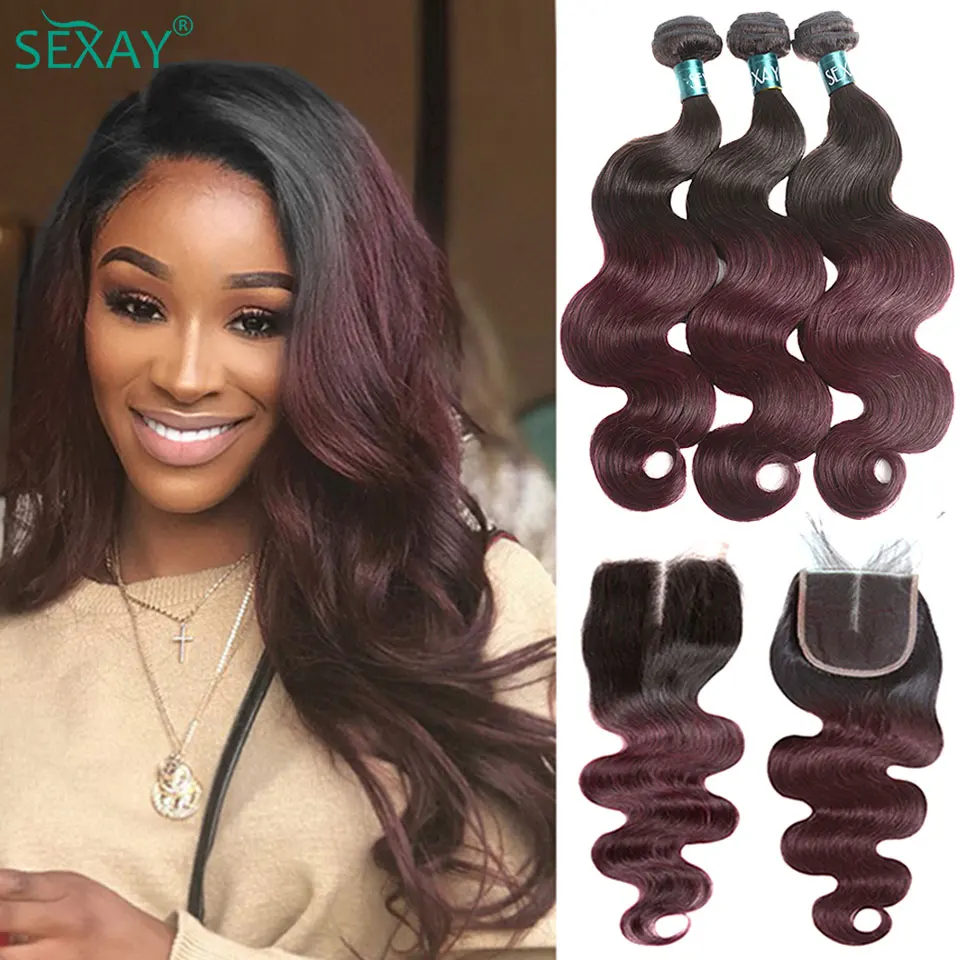 1B 99J Body Wave Bundles With Closure Free Part Brazilian Human Hair Ombre Burgundy Hair Bundles With Transparent Lace Closure