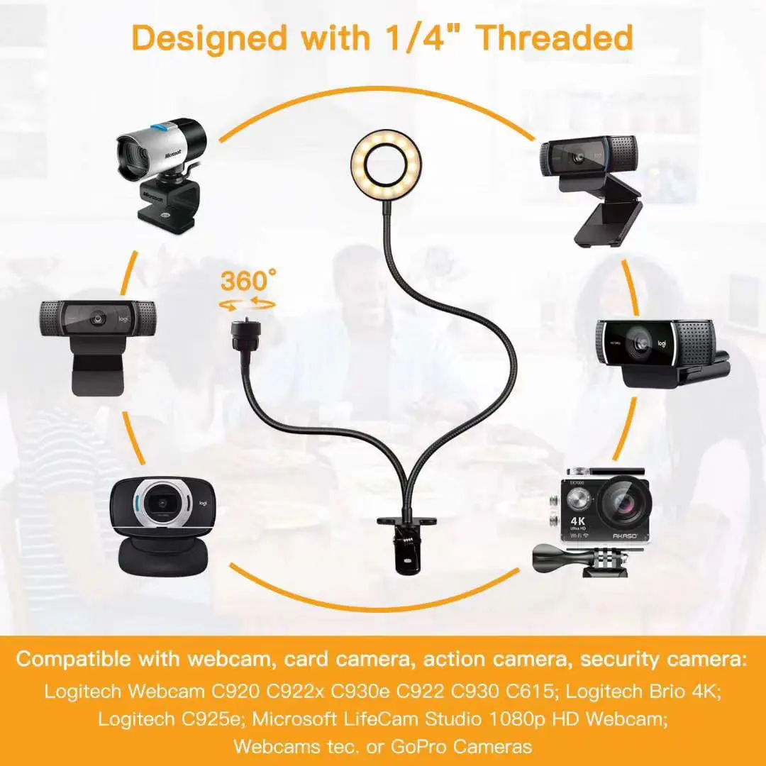 Universal Flexible Fill light with Mobile Phone Holder and 1/4" Threaded Camera DV Head,LED Light for Live Streaming,Selfie