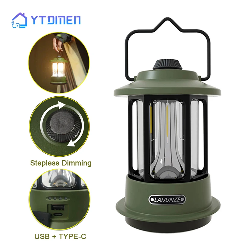 PINSAI LED Camping Lantern,Rechargeable Retro Metal Camp Light,Battery