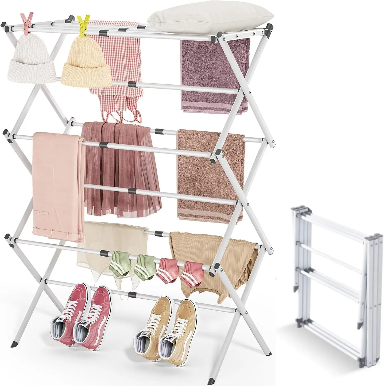 Foldable Steel Clothes Drying Rack, 3-Tier Retractable Portable Dryer for Indoor Outdoor Use, White