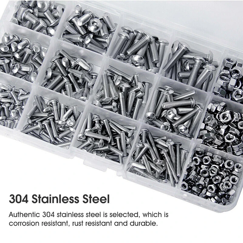 

500pcs M3 M4 M5 304 Stainless Steel Hex Socket Button Head Bolts Screws Nuts Assortment Kit Strong Anti-oxidation Ability