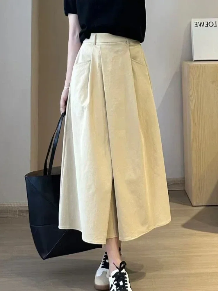 864801-2bc519.jpg 2026 Solid Color Big Size Half Skirt Women Leisure A- Line with Pocket Chinese Origin Simple Plus Size Mid Length Skirt - Image 1