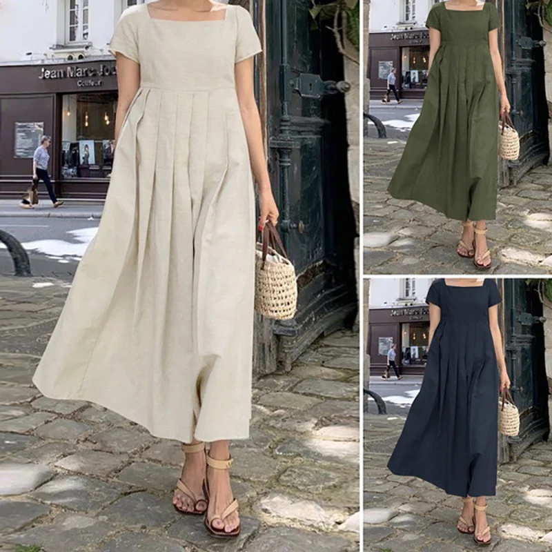 Dubai Arab New Cotton Linen Long Dresses For Women Short Sleeve Square Neck Elegant Casual Sundress Simple Loose Muslim Clothing