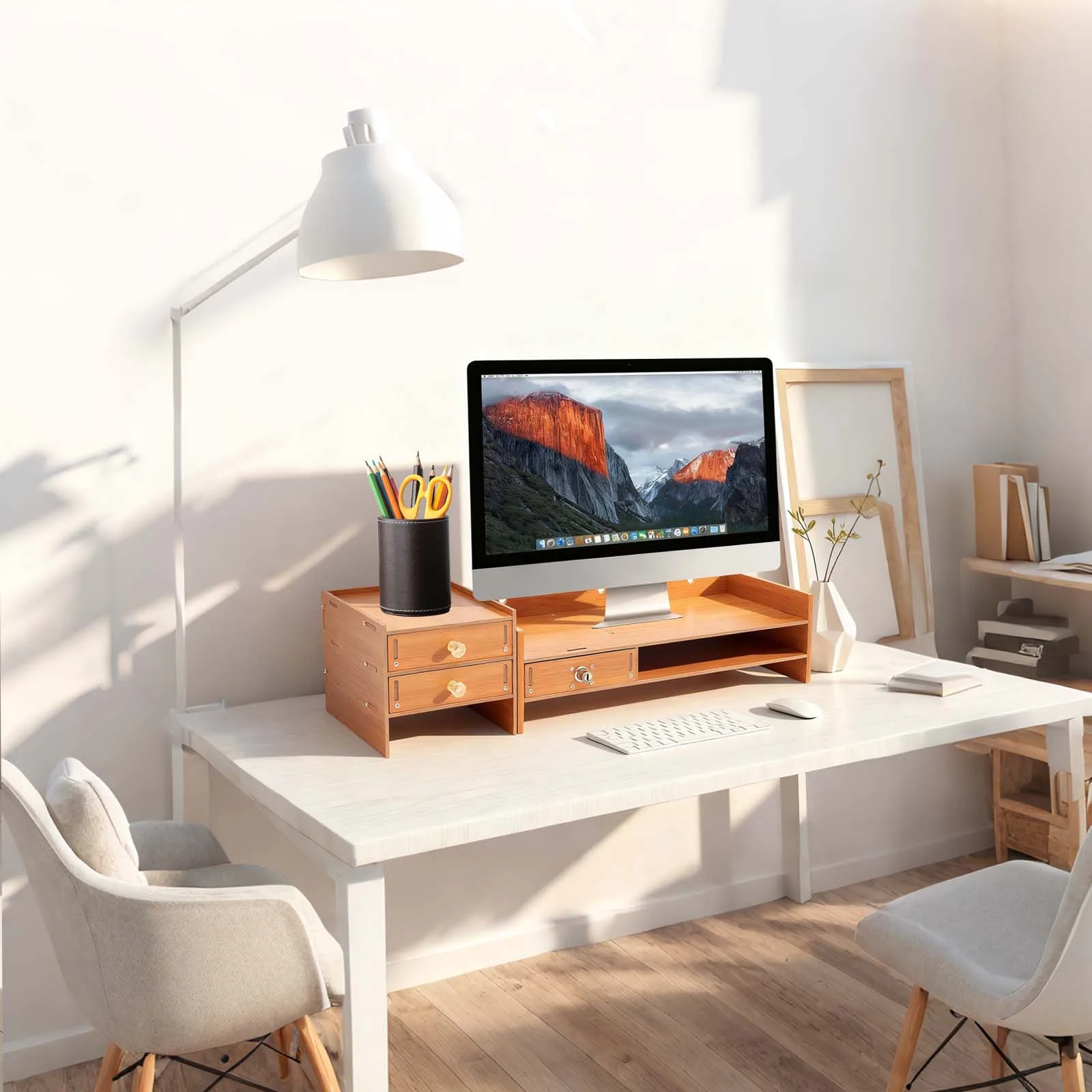 Moderner Holz-Computermonitorständer mit Schubladen, Monitorhalterung – Detail 16