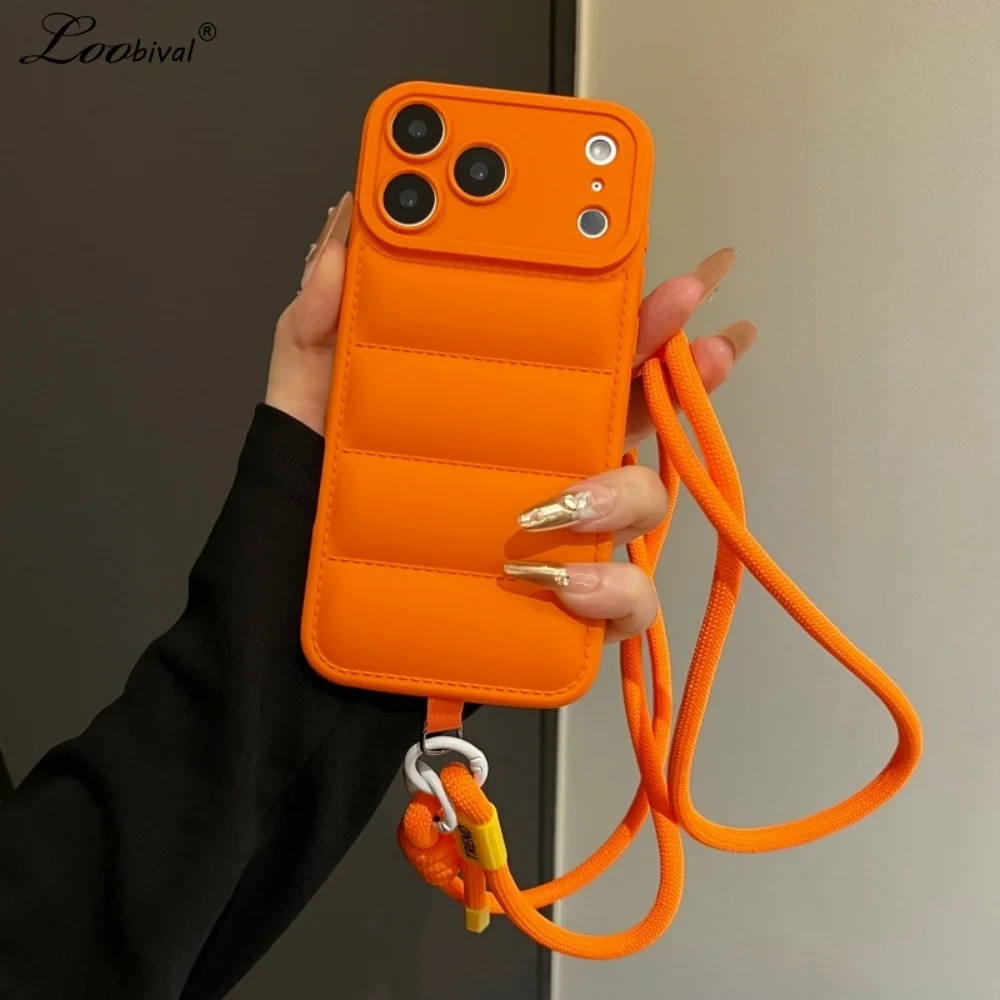 Stylish Down Jacket Crossbody Phone Case with Long Strap - Solid Color Cover